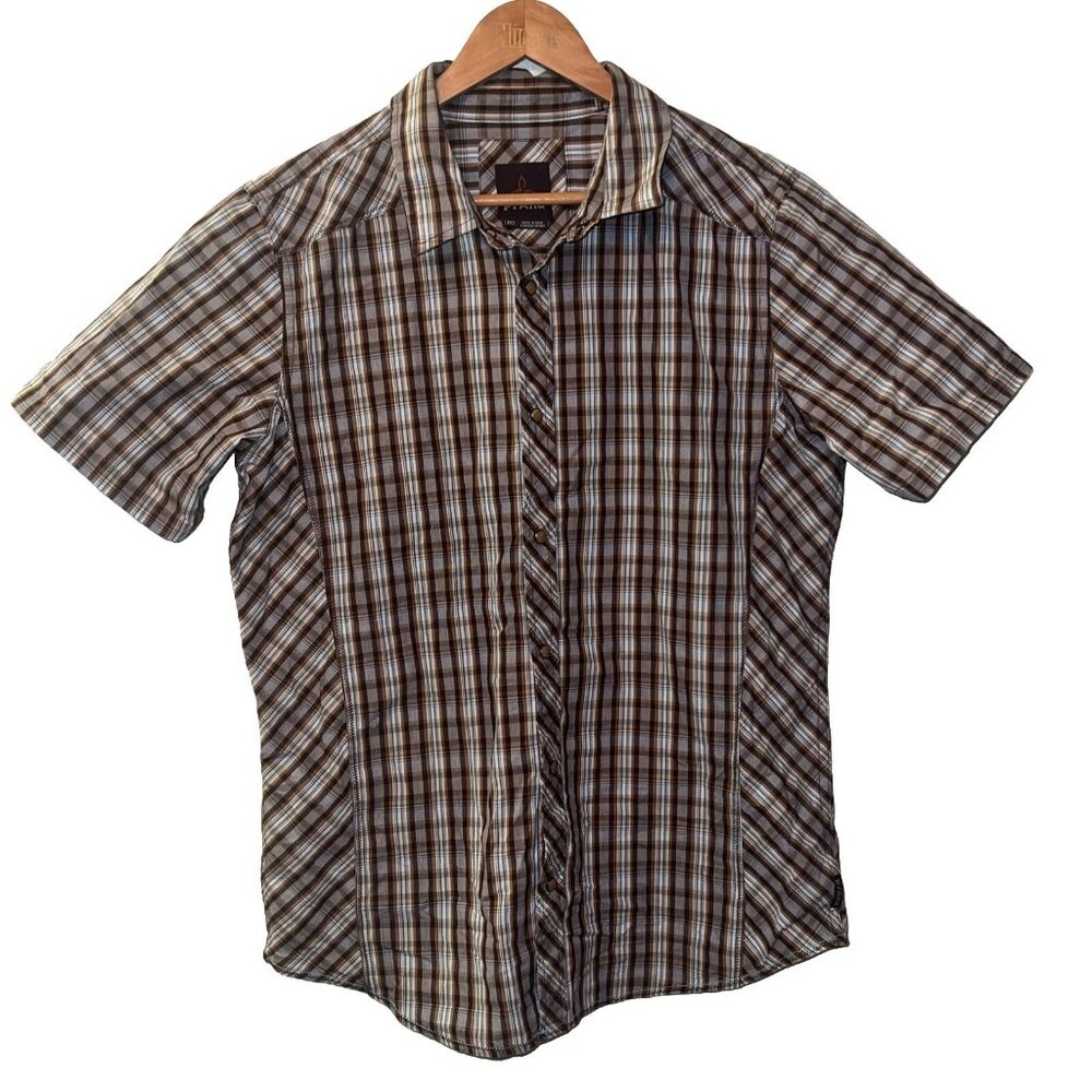 PrAna Mens Top Organic Cotton Brown Plaid Short Sleeve Snap Shirt Size‎ Large